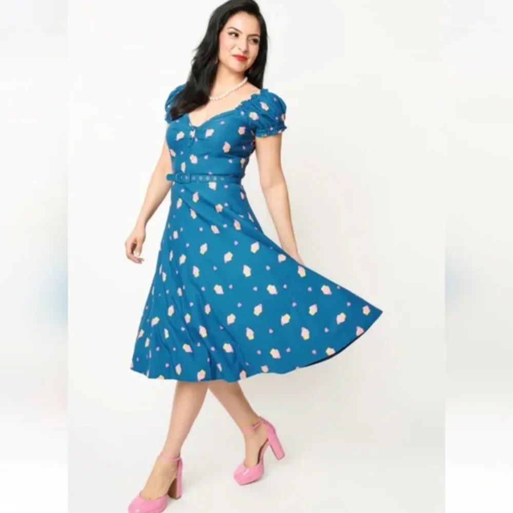 Unique Vintage Ohara Teal Cupcake Print‎ Plus Dress Sweetheart Neck 3X 20 Retro